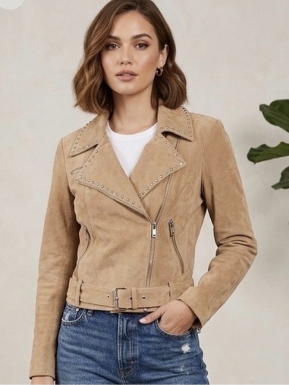 Bebe Suede Moto Jacket Women Size M Camel New‎ Studded Leather Biker Coat